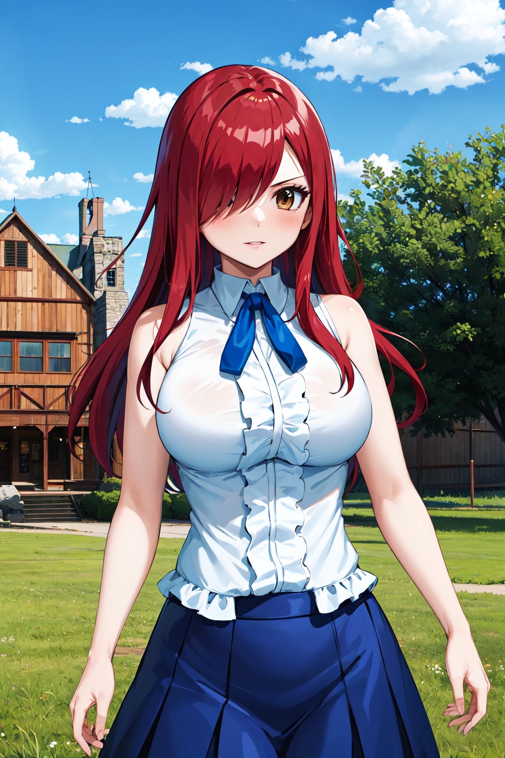 masterpiece, best quality, highres, fairy tail, 1girl, long hair, red hair, brown eyes, neck ribbon, bare shoulders, white shirt, sleeveless, center frills, blue skirt, hair over one eye, <lora:erza_v1:0.8>, cowboy shot, standing, outdoors