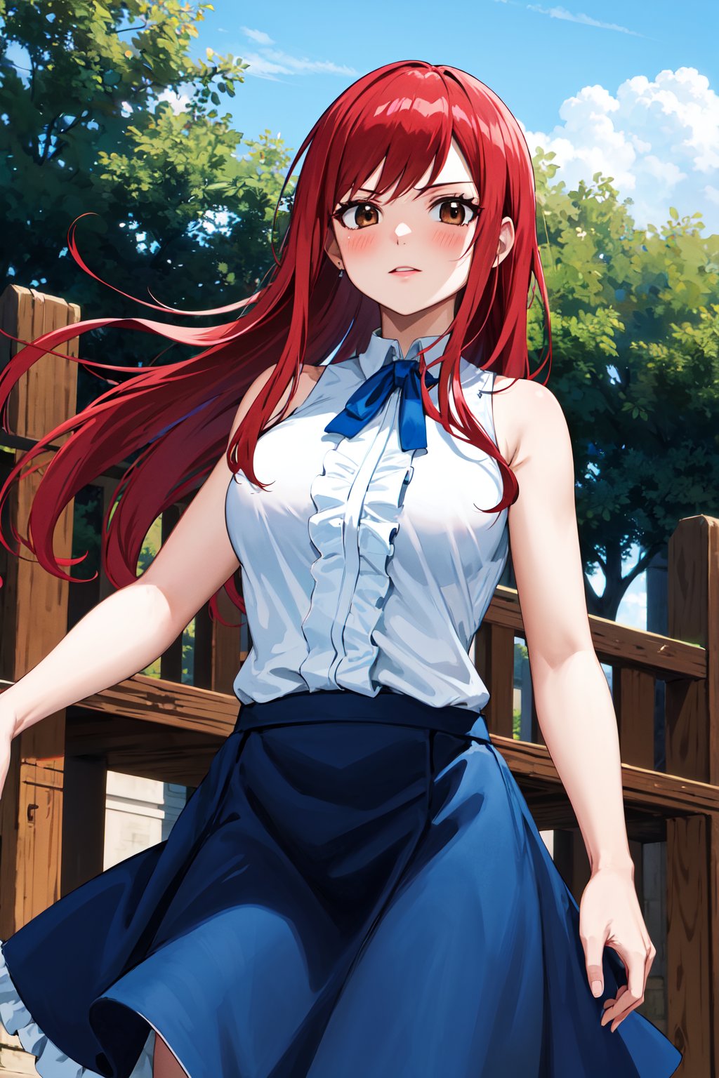 masterpiece, best quality, highres, fairy tail, 1girl, long hair, red hair, brown eyes, neck ribbon, bare shoulders, white shirt, sleeveless, center frills, blue skirt, <lora:erza_v1:0.8>, cowboy shot, standing, outdoors