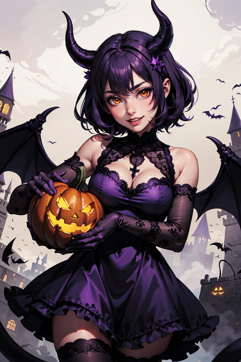 trick,  (demon wings:1.1),  (purple wings:1.1),  1 little demon girl,  andalusite orange eyes,  demon horns,  demon tail,  evilsmile,  teeth,  hair ornament,  frills,  frills,  dress,  lace-trimmed gloves,  pose,  pumpkin,  old castle,  night,  halloween,  majic effect,  sharp focus,  depth of field,  looking at viewer,  cowboy shot,  (intricate:1.2),  (purple theme:1.1),  (purple tone:1.1),  (orange tone:0.7),  (black tone:0.4),  illustration,  , <lora:EMS-498-EMS:0.400000>