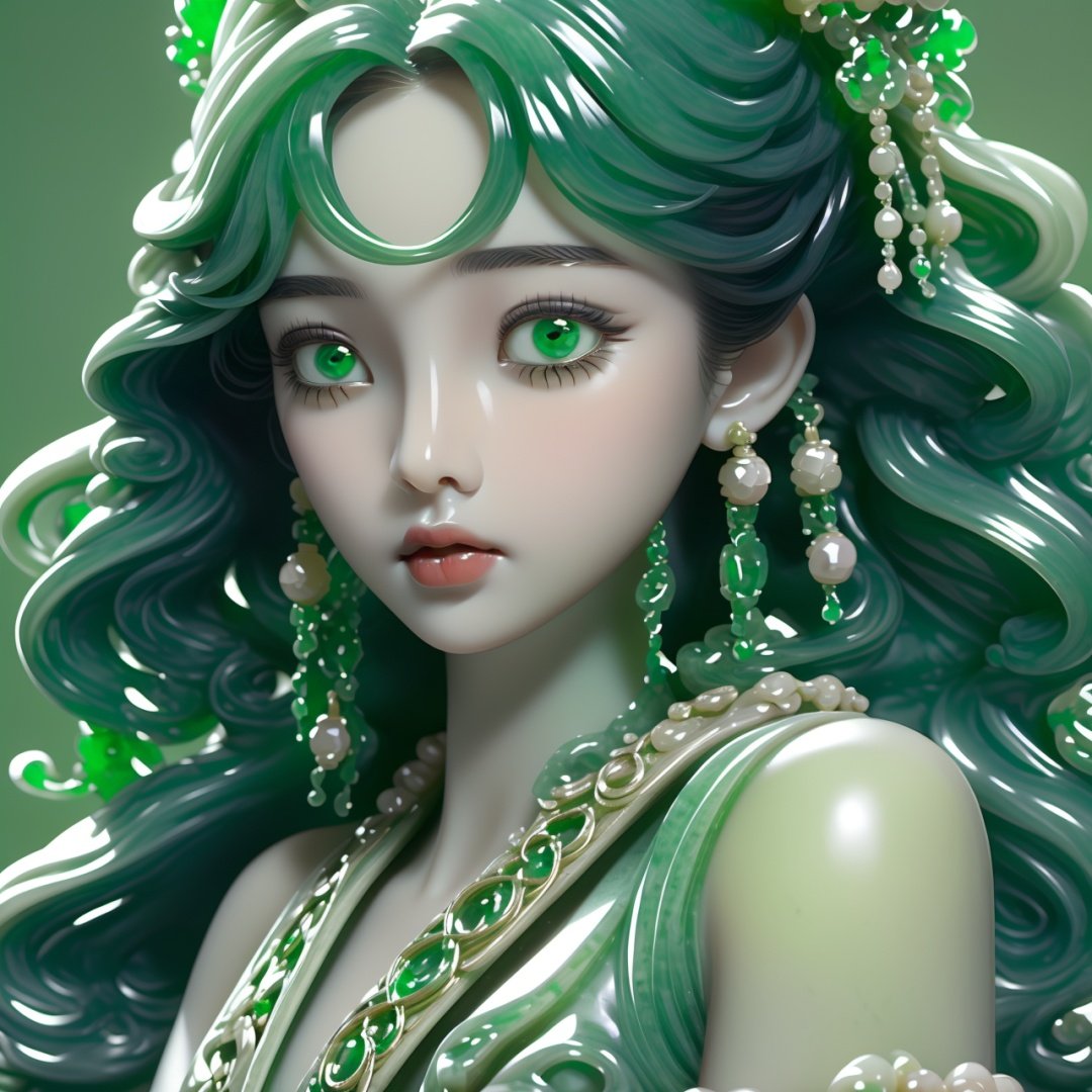  Best quality, 8k, cg,particulars,jade,1girl,pearls and jewels,Green clothes,Jade statue,Light background