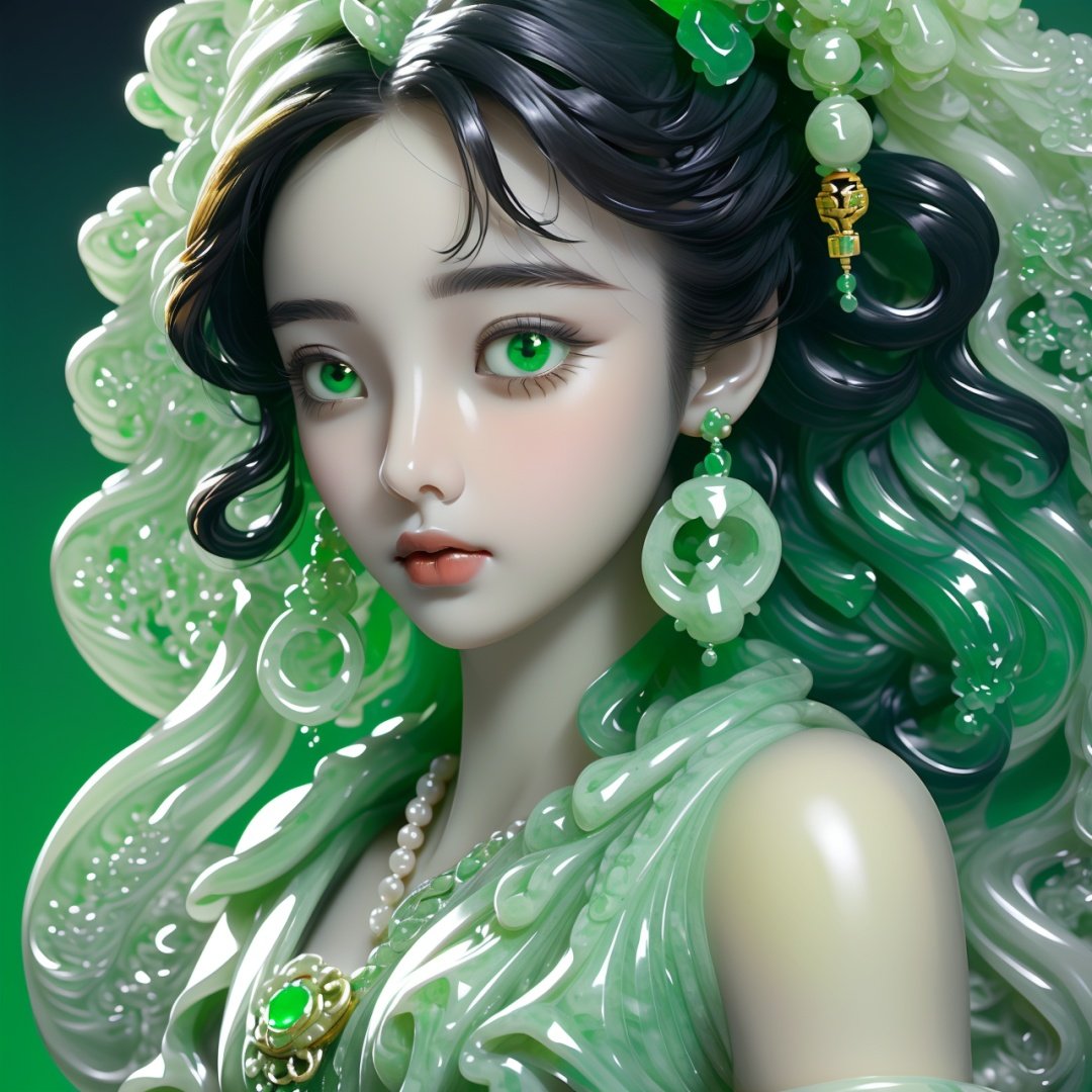  Best quality, 8k, cg,particulars,jade,1girl,pearls and jewels,Green clothes,Jade statue,Light background