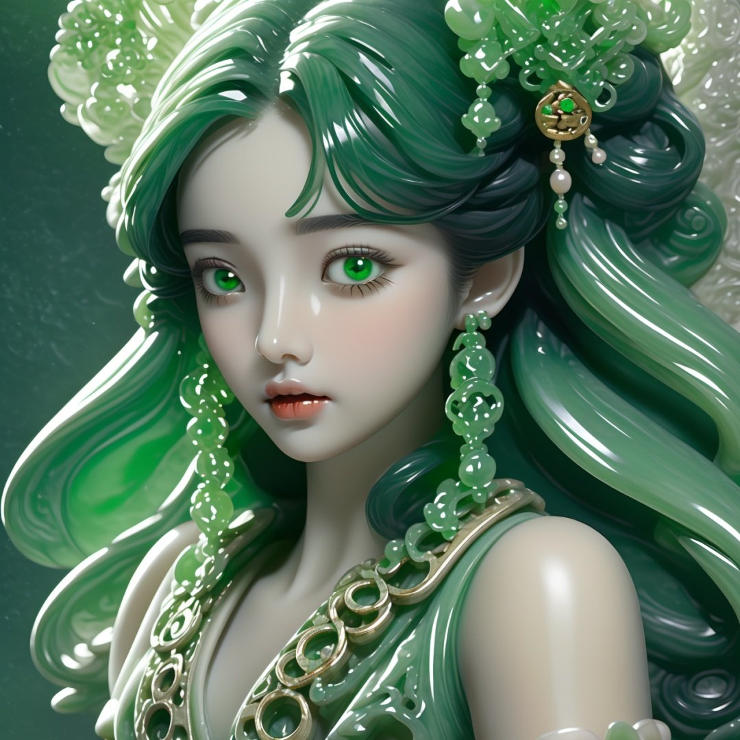  Best quality, 8k, cg,particulars,jade,1girl,pearls and jewels,Green clothes,Jade statue