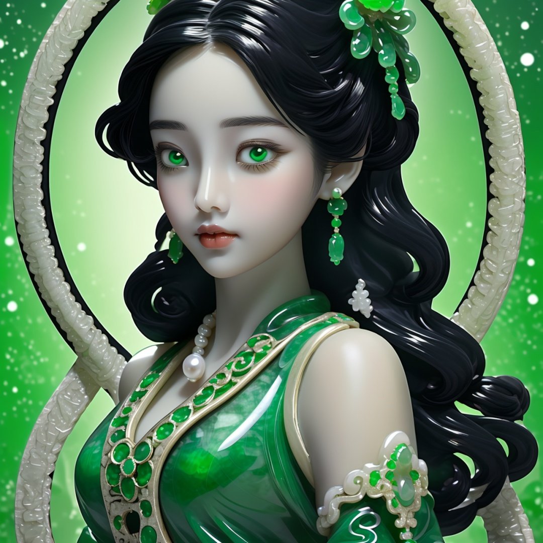  Best quality, 8k, cg,particulars,jade,1girl,pearls and jewels,Green clothes,Jade statue,Light background