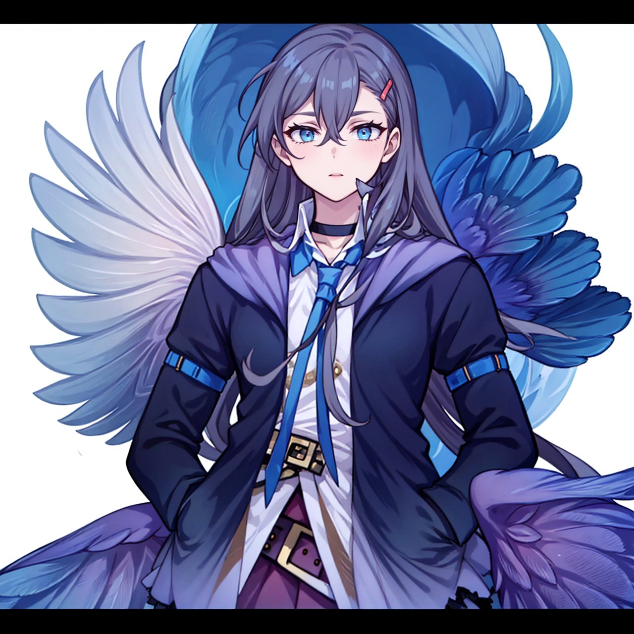 (masterpiece:1.3),(the best quality:1.2),(super fine illustrations:1.2),(Masterpiece),high quality,high detail,(white background:1.2),looking at viewer,(SOLO:1.4),outline,simple background,feathered wings,wings,angel wings,bangs,thighhighs,high heels,boots,bird tail,bird wings,choker,white shirt,skirt,belt buckle,necktie,holding eyewear,open jacket,thigh holster,thigh strap,hair between eyes,jacket,blue eyes,belt,long hair,hairclip,