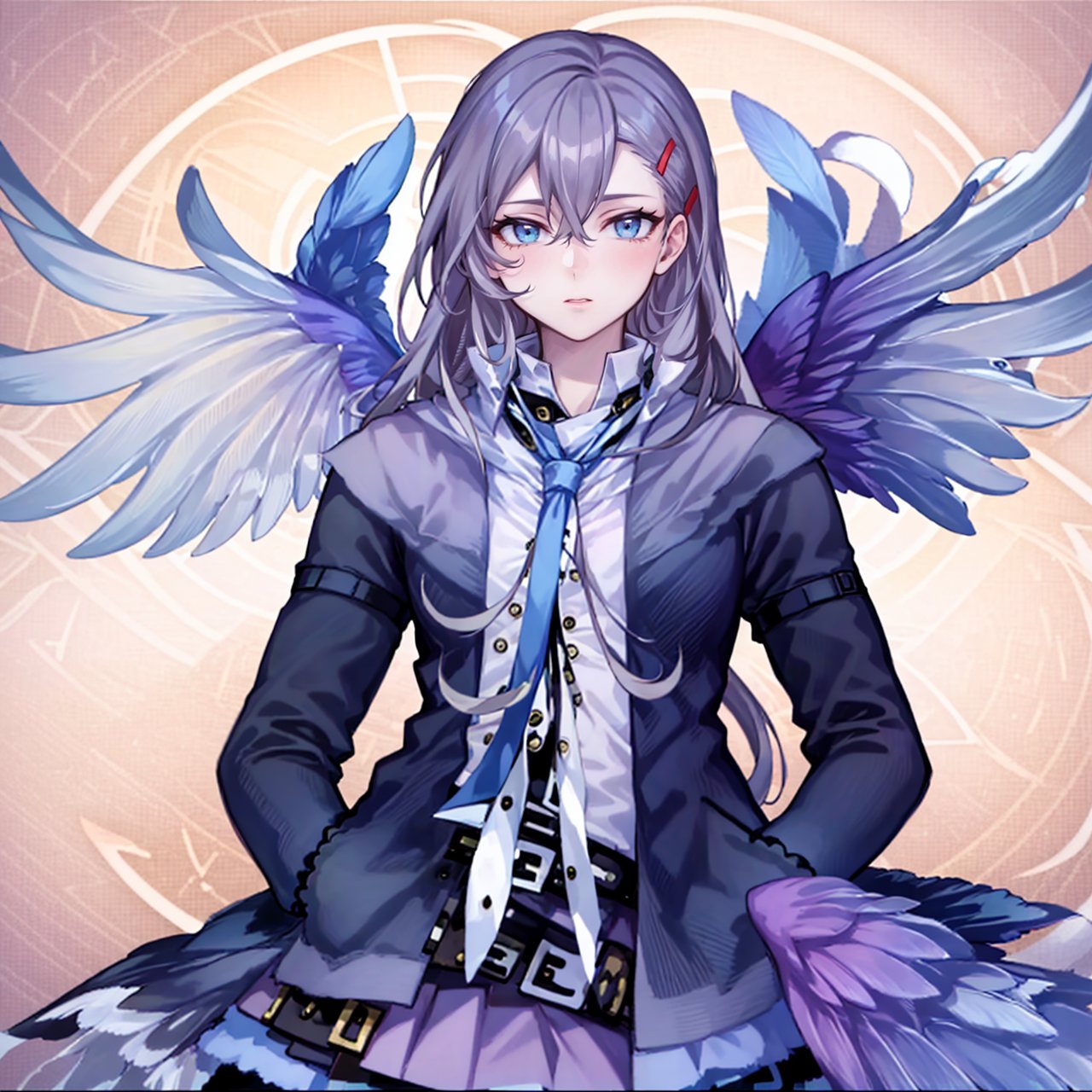 (masterpiece:1.3),(the best quality:1.2),(super fine illustrations:1.2),(Masterpiece),high quality,high detail,(white background:1.2),looking at viewer,(SOLO:1.4),outline,simple background,feathered wings,wings,angel wings,bangs,thighhighs,high heels,boots,bird tail,bird wings,choker,white shirt,skirt,belt buckle,necktie,holding eyewear,open jacket,thigh holster,thigh strap,hair between eyes,jacket,blue eyes,belt,long hair,hairclip,