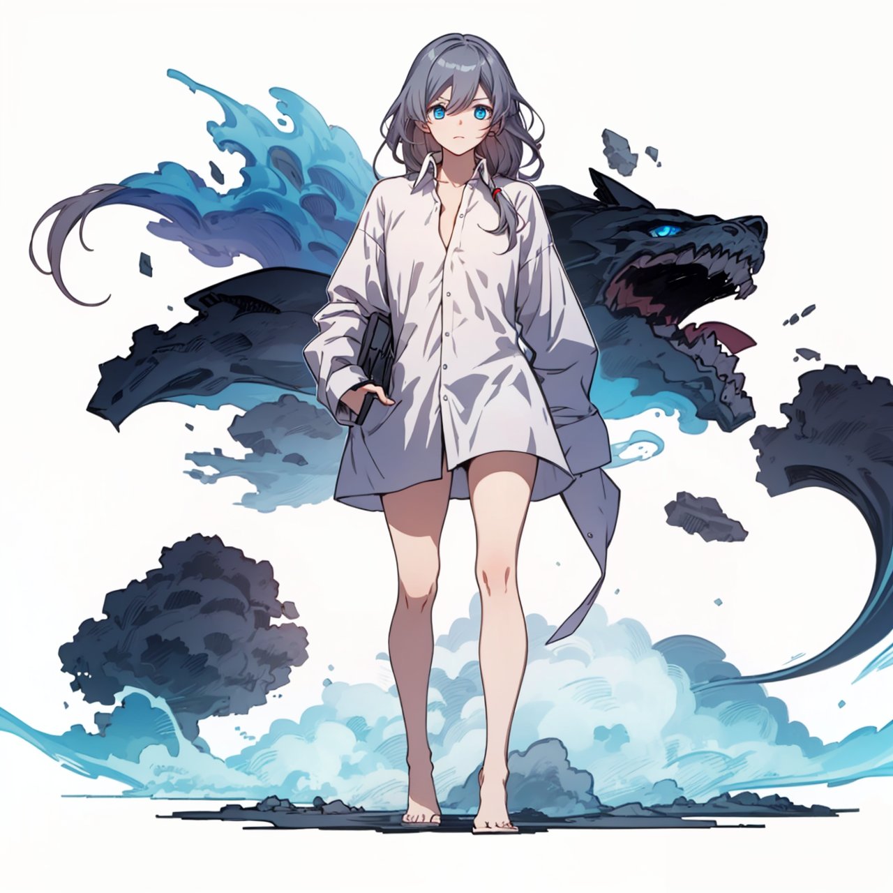 (masterpiece:1.3),(the best quality:1.2),(super fine illustrations:1.2),(Masterpiece),high quality,high detail,(white background:1.2),looking at viewer,(SOLO:1.4),outline,simplebackground,blue eyes,fu hua,hair between eyes,barefoot,thighhighs,hair ornament,low-tied long hair,long sleeves,hair ribbon,dirty clothes,grey hair,white shirt,shirt,long hair,bangs,1girl,