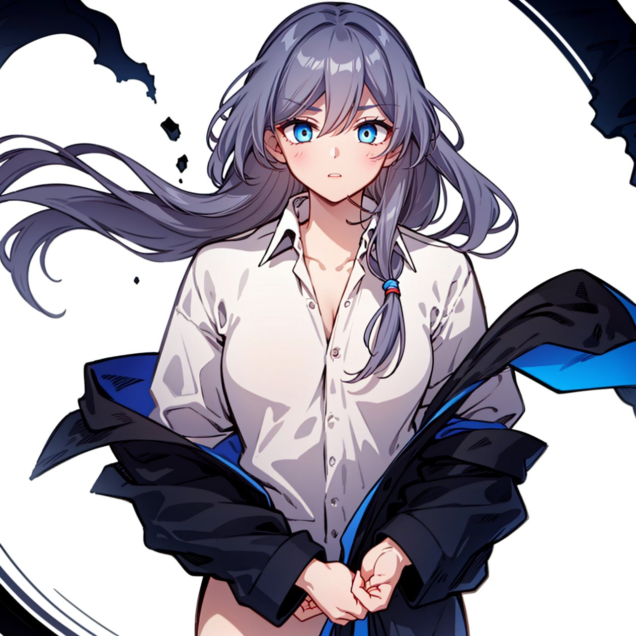 (masterpiece:1.3),(the best quality:1.2),(super fine illustrations:1.2),(Masterpiece),high quality,high detail,(white background:1.2),looking at viewer,(SOLO:1.4),outline,simplebackground,blue eyes,fu hua,hair between eyes,barefoot,thighhighs,hair ornament,low-tied long hair,long sleeves,hair ribbon,dirty clothes,grey hair,white shirt,shirt,long hair,bangs,1girl,