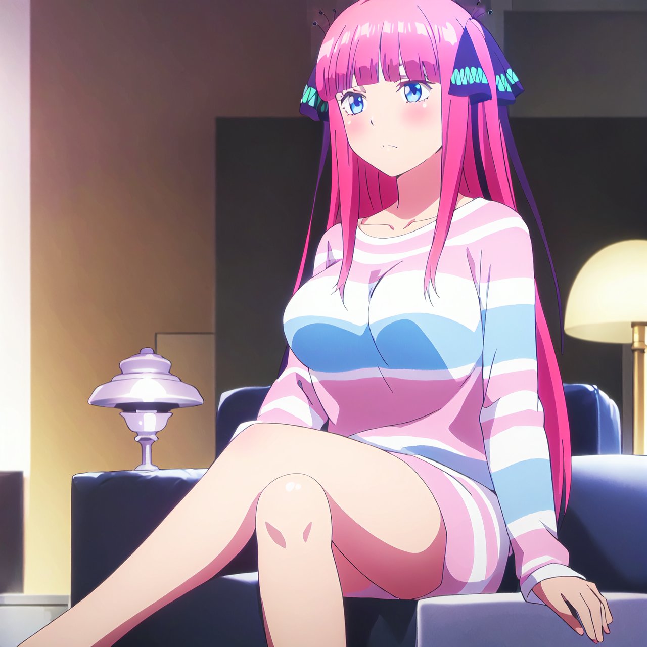 nino,1girl, butterfly hair ornament, bangs, hair ornament, long hair, pink hair, blue eyes, ribbon, striped, blunt bangs, sitting, blush, solo, crossed legs, couch, black ribbon, indoors, holding, breasts, hair ribbon, lamp, large breasts, long sleeves, collarbone


high quality,best quality,ultra detailed,masterpiece,

