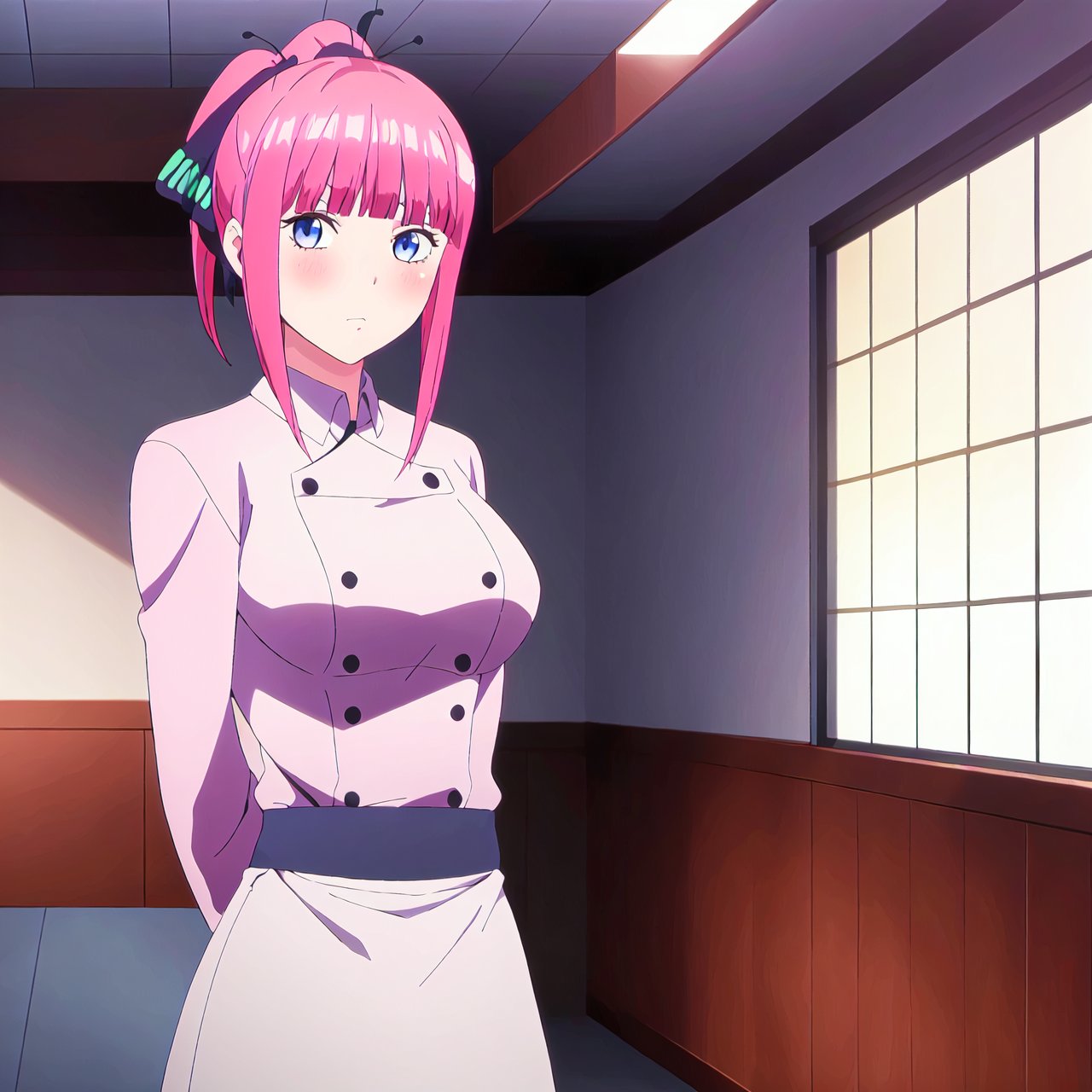 nino,1girl, butterfly hair ornament, hair ornament, pink hair, bangs, blue eyes, blush, chef, looking at viewer, breasts, ribbon, black ribbon, arms behind back, indoors, blunt bangs, solo, short hair, large breasts, ponytail, apron, hair ribbon, window, skirt

high quality,best quality,ultra detailed,masterpiece,

