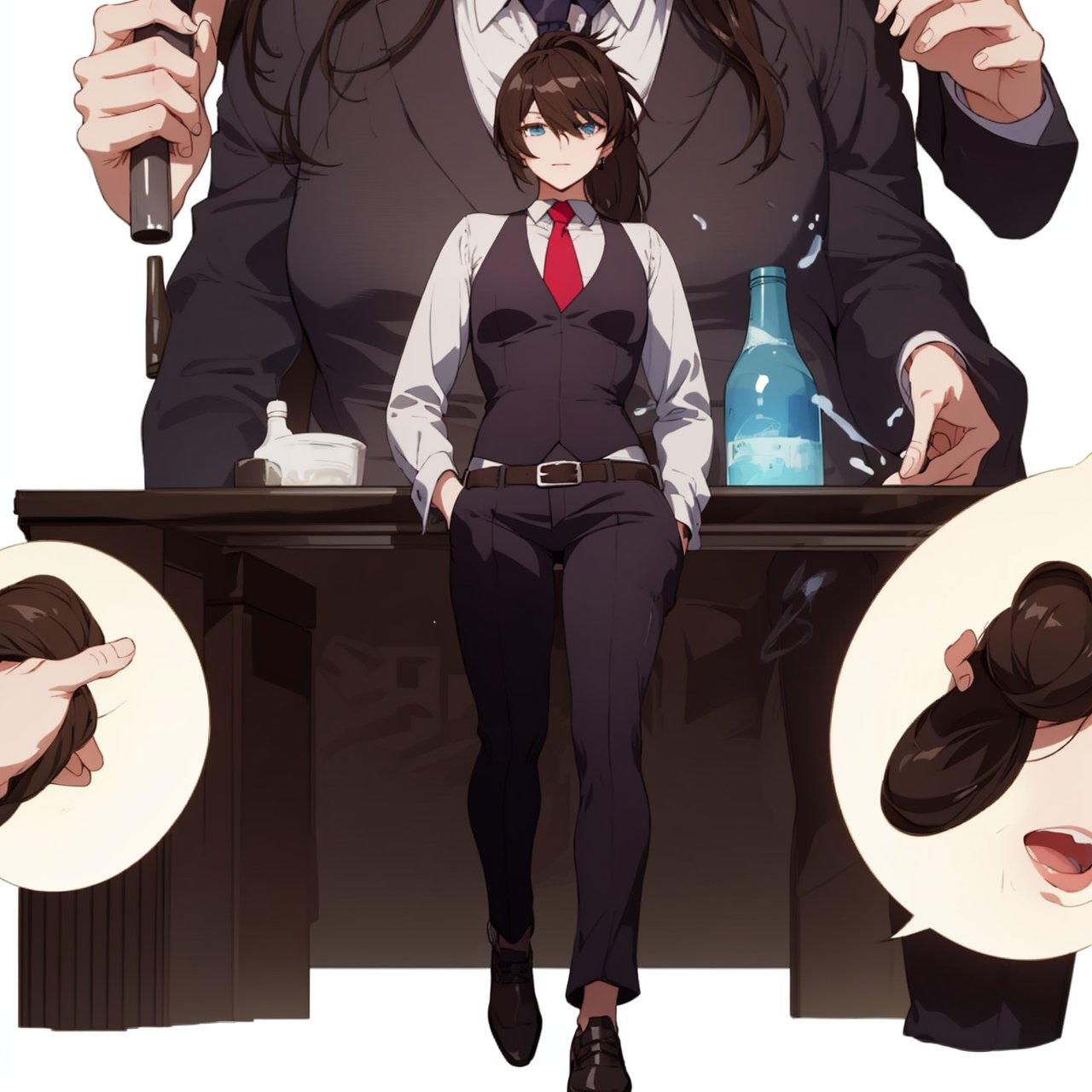 (masterpiece:1.3),(the best quality:1.2),(super fine illustrations:1.2),(Masterpiece),high quality,high detail,(white background:1.2),looking at viewer,(SOLO:1.4),outline,simplebackground,necktie,long hair,brown hair,hair over one eye,ponytail,long sleeves,white shirt,bartender,pants,belt,shirt,red necktie,vest,