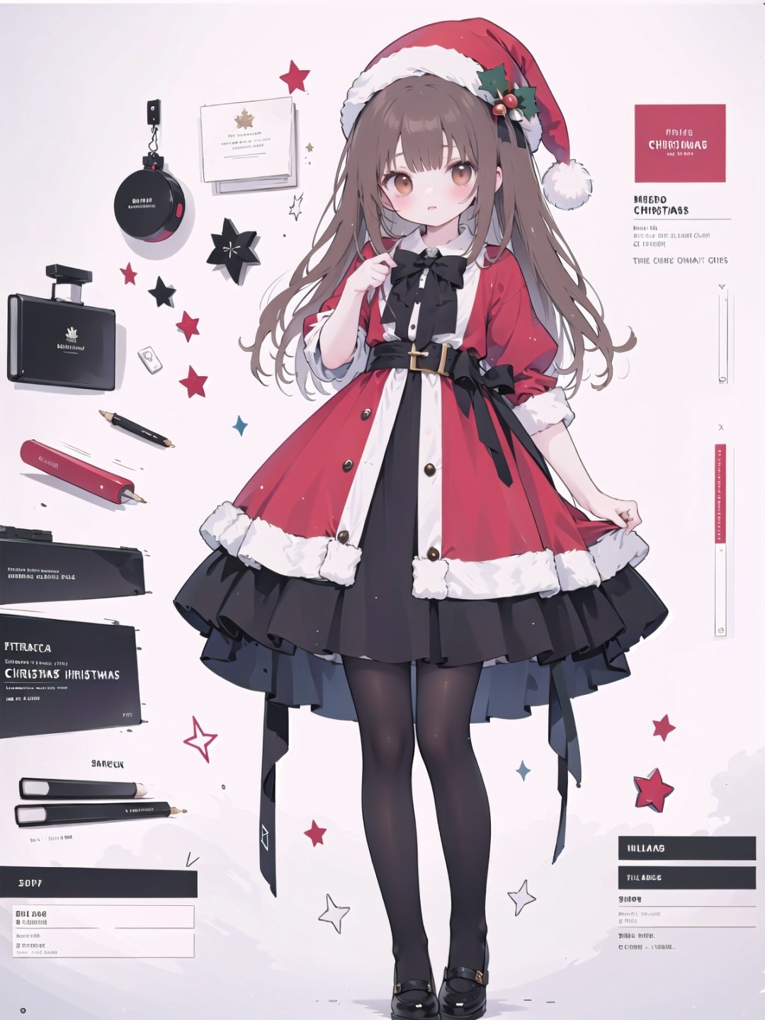  masterpiece, 1girl, huge filesize,wallpaper,artbook, brown hair, brown eyes, christmas hat, (full body:1.1), colorful,