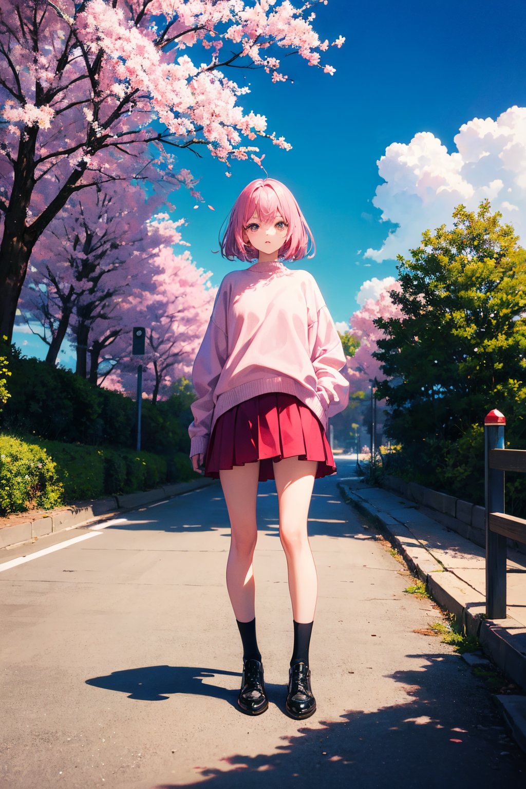 masterpiece, best quality, ultra-detailed, illustration, wide angle, 1girl stand in the middle of road, solo, road in the middle and pink cherry trees on roadside, full body, 20 yo, pink hair, sweater, short skirt, fashion,, composition, balance, harmony, rhythm, color, light, shadow, reflection, refraction, tone, contrast, foreground, middle ground, background, naturalistic, figurative, representational.