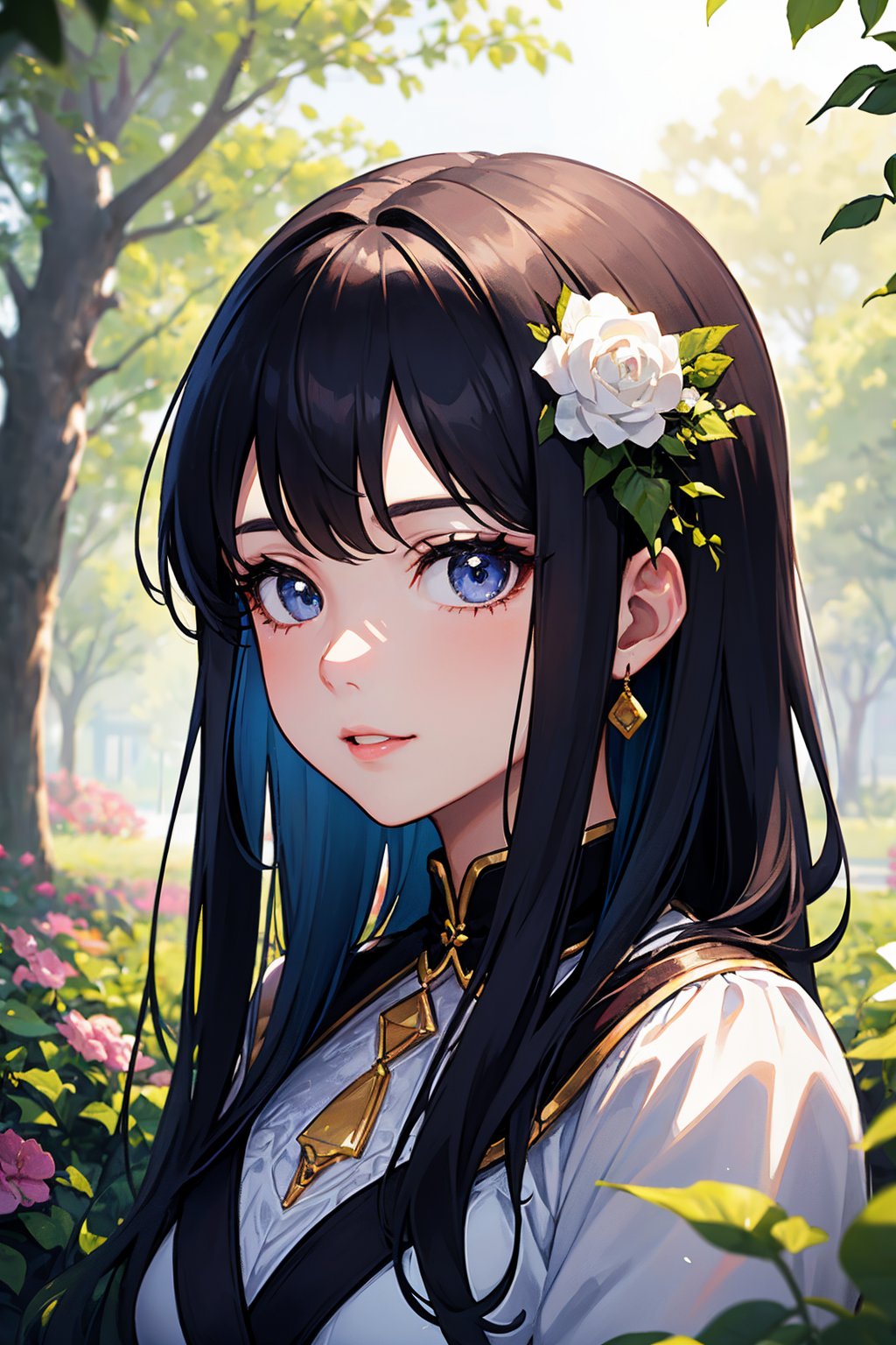 A cute, teen girl in an anime portrait with vibrant colors and sharp focus. The artwork should be of the best quality with ultra-detailed features. Her eyes should be beautifully detailed and her lips should be plump and well-defined. The girl should have a playful and cheerful expression with rosy cheeks. Her long eyelashes should be prominent, adding to her innocence. She should have a flawless complexion and her hair should be styled in a trendy and modern way. The background should have a fantasy-like setting, with colorful flowers and lush greenery in a garden. The lighting should be soft and warm, creating a dreamy atmosphere.