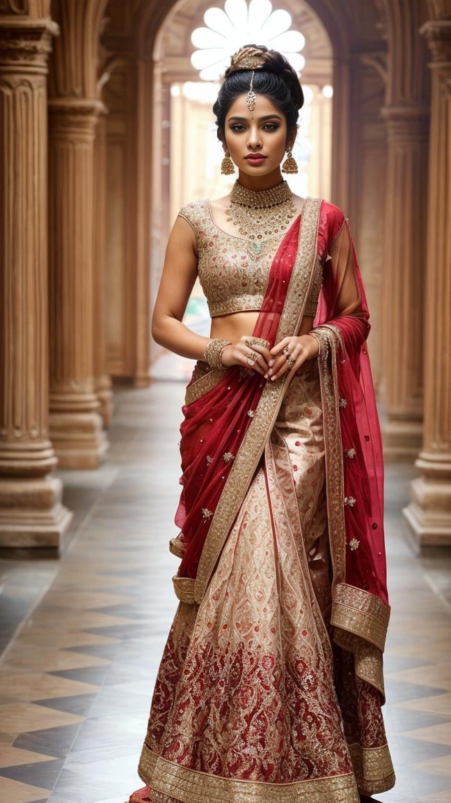 1 beautiful woman, broadwalk, <lora:DETAIL_SLIDER_BY_STABLE_YOGI:0.8> <lora:Indian Designer Dress by Stable Yogi:0.8>red Indian Designer Dress