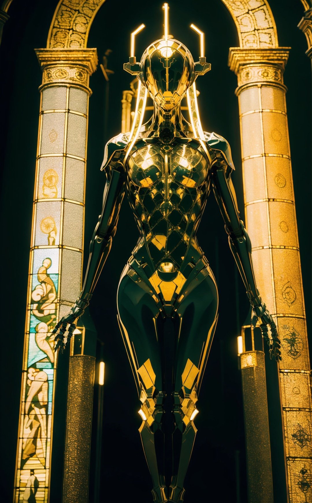 (8k, RAW photo, best quality, masterpiece:1.2),(realistic, photo-realistic:1.4), baimecha_Diablo ,solo,full body,  science fiction, helmet, humanoid robot, glowing, sacred geometry,(stained glass:1.3), Mandala Art, muscle fibers, blood vessels, nervous system, viscous gooey blood dripping, wireframe, fractal, demonic, alien, translucent skin, infrared photography,otherworldly hues,surreal landscapes, unseen light,  ethereal glow, vibrant colors,  (ghostly effect:1.3),