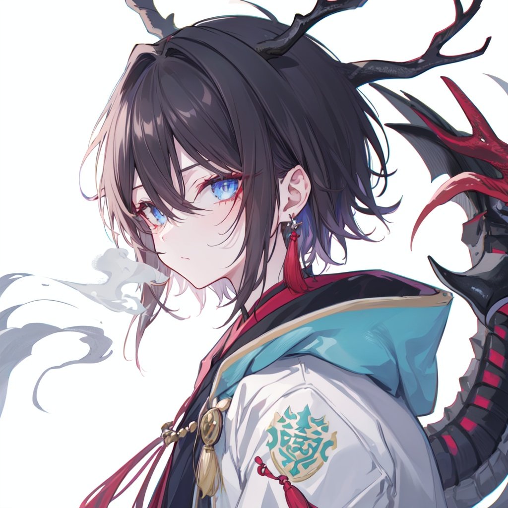 1boy,male focus,solo,blue eyes,antlers,jewelry,earrings,looking at viewer,from side,black hair,horns,upper body,tail,white background,smoke,tassel,tassel earrings,jacket,simple background,short hair,hair between eyes,white jacket,eastern dragon,closed mouth,dragon horns,bangs,dragon boy,sideways glance,dragon tail,