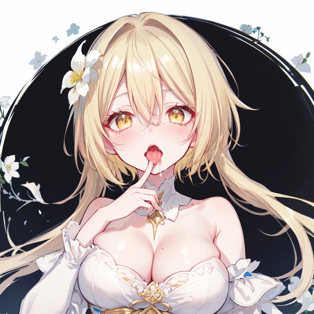 1girl,breasts,blonde hair,hair flower,hair ornament,flower,blush,tongue,cleavage,open mouth,yellow eyes,saliva,finger in another's mouth,dress,white dress,bangs,bare shoulders,hair between eyes,tongue out,solo focus,upper body,simple background,large breasts,detached sleeves,white background,white flower,