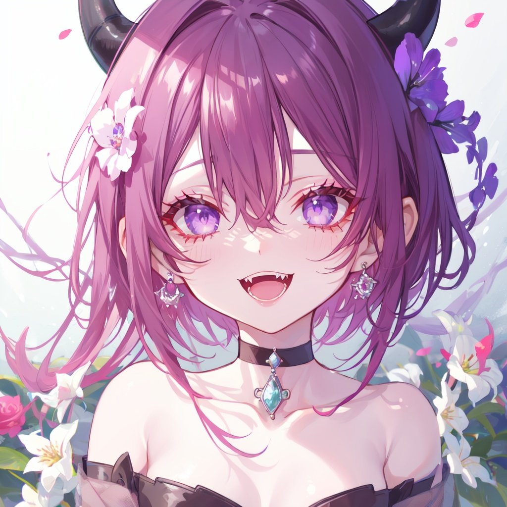 1girl,solo,flower,horns,purple eyes,purple hair,looking at viewer,hair ornament,open mouth,bare shoulders,short hair,hair flower,choker,petals,jewelry,teeth,earrings,bangs,collarbone,smile,upper body,purple choker,pink flower,eyelashes,white flower,fangs,strapless,rose,gem,dress,holding,portrait,makeup,upper teeth only,:d,