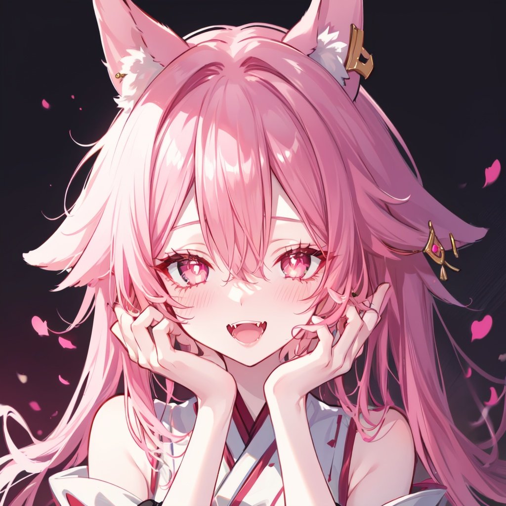 1girl,solo,pink hair,yae miko,blush,looking at viewer,heart,open mouth,long hair,smile,hair between eyes,jewelry,symbol-shaped pupils,fangs,bangs,hair ornament,heart-shaped pupils,bare shoulders,pink eyes,earrings,upper body,hands on own face,hands up,fox ears,:d,teeth,animal ears,hands on own cheeks,