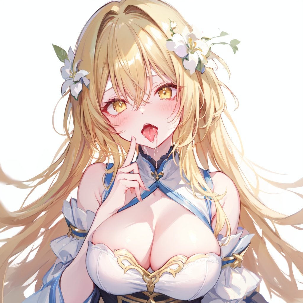 1girl,breasts,blonde hair,hair flower,hair ornament,flower,blush,tongue,cleavage,open mouth,yellow eyes,saliva,finger in another's mouth,dress,white dress,bangs,bare shoulders,hair between eyes,tongue out,solo focus,upper body,simple background,large breasts,detached sleeves,white background,white flower,