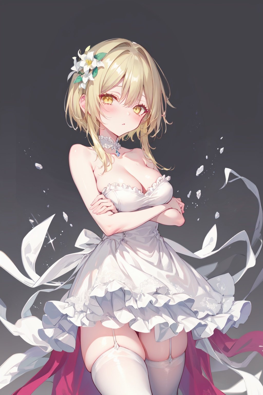 1girl,breasts,solo,dress,blonde hair,thighhighs,flower,hair flower,hair ornament,cleavage,frilled dress,white dress,yellow eyes,white thighhighs,frills,looking at viewer,holding own arm,short hair with long locks,bangs,gradient,large breasts,gradient background,cowboy shot,zettai ryouiki,bare shoulders,white flower,sidelocks,simple background,hand on own arm,collarbone,blush,grey background,thighs,