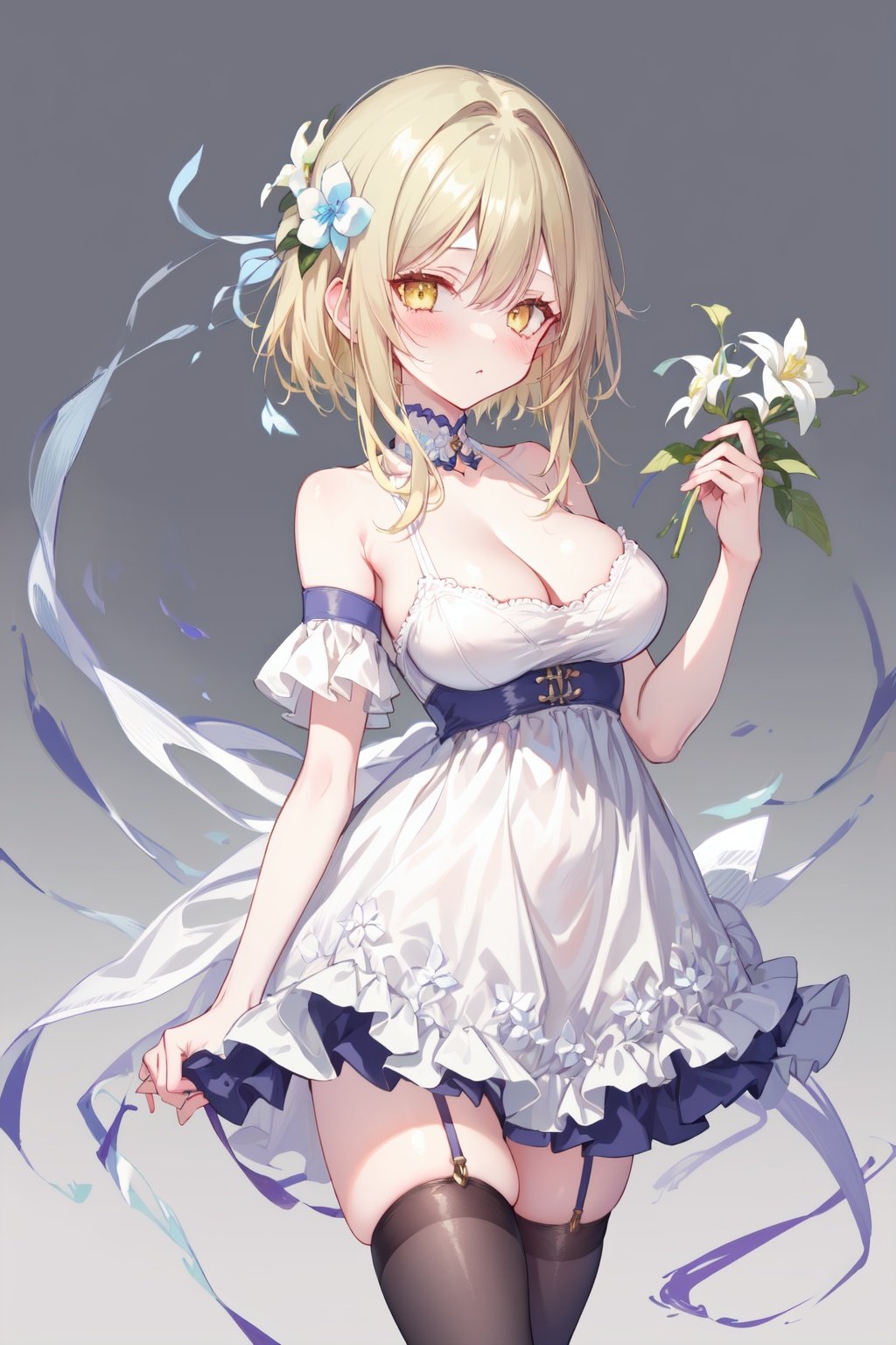 1girl,breasts,solo,dress,blonde hair,thighhighs,flower,hair flower,hair ornament,cleavage,frilled dress,white dress,yellow eyes,white thighhighs,frills,looking at viewer,holding own arm,short hair with long locks,bangs,gradient,large breasts,gradient background,cowboy shot,zettai ryouiki,bare shoulders,white flower,sidelocks,simple background,hand on own arm,collarbone,blush,grey background,thighs,