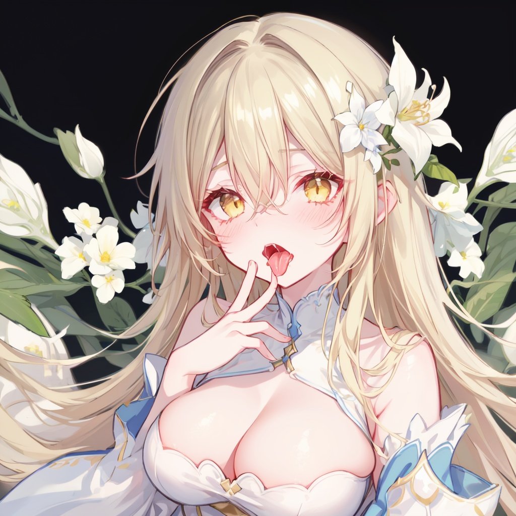 1girl,breasts,blonde hair,hair flower,hair ornament,flower,blush,tongue,cleavage,open mouth,yellow eyes,saliva,finger in another's mouth,dress,white dress,bangs,bare shoulders,hair between eyes,tongue out,solo focus,upper body,simple background,large breasts,detached sleeves,white background,white flower,