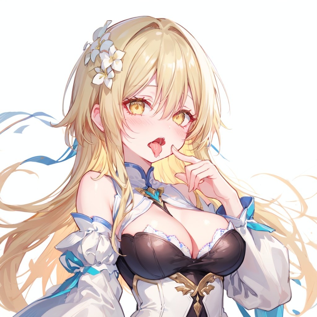 1girl,breasts,blonde hair,hair flower,hair ornament,flower,blush,tongue,cleavage,open mouth,yellow eyes,saliva,finger in another's mouth,dress,white dress,bangs,bare shoulders,hair between eyes,tongue out,solo focus,upper body,simple background,large breasts,detached sleeves,white background,white flower,