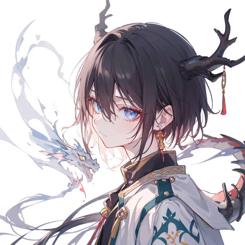 1boy,male focus,solo,blue eyes,antlers,jewelry,earrings,looking at viewer,from side,black hair,horns,upper body,tail,white background,smoke,tassel,tassel earrings,jacket,simple background,short hair,hair between eyes,white jacket,eastern dragon,closed mouth,dragon horns,bangs,dragon boy,sideways glance,dragon tail,