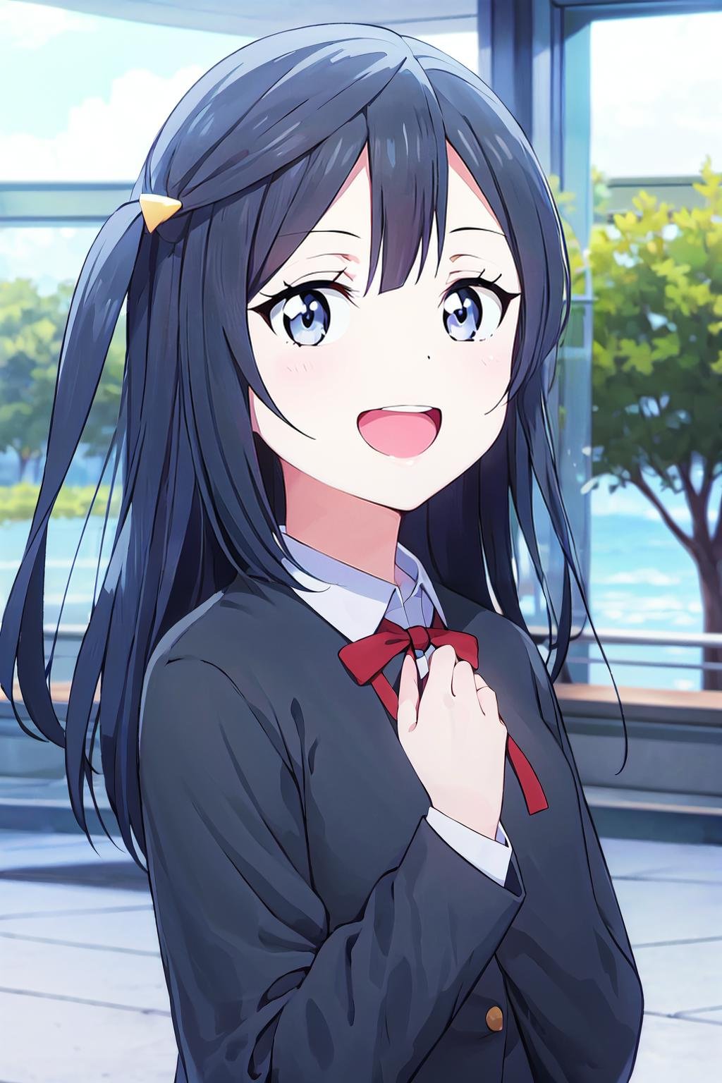 (best quality, masterpiece:1.2), 1girl, solo, anime, anime screencap,  ray tracing, global illumination, ultra resolution image, vivid color,  cinematic light,  lens flare,  light on face, glow eyes,  depth of field, happy, detailed background, cute,  straight-on, smile, looking at viewer, outdoors, sky, cloud,  <lora:A_Yuki Setsuna WSU:0.8> yuki setsuna, upper body, jacket, long sleeves, 