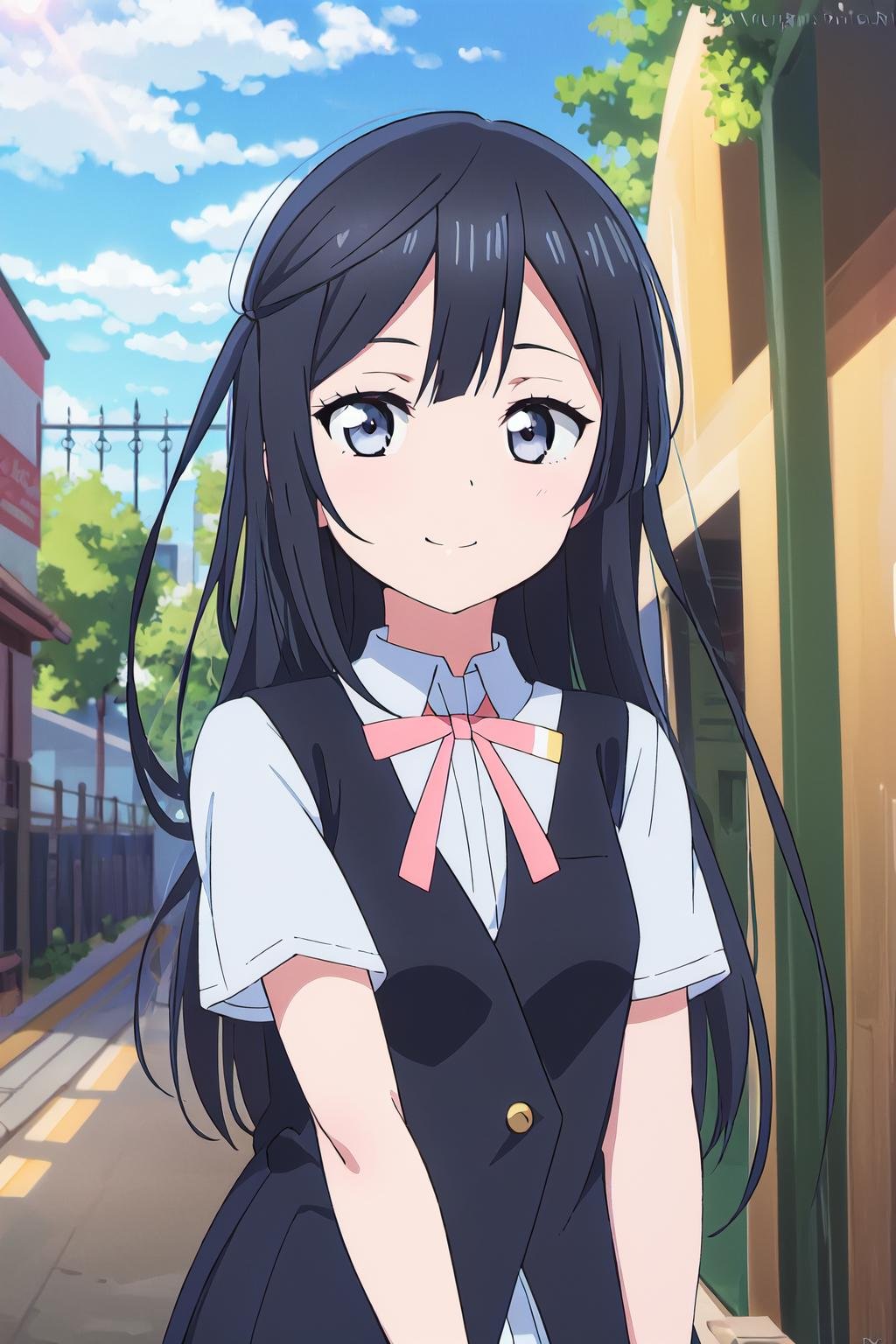 (best quality, masterpiece:1.2), 1girl, solo, anime, anime screencap,  ray tracing, global illumination, ultra resolution image, vivid color,  cinematic light,  lens flare,  light on face, glow eyes,  depth of field, happy, detailed background, cute,  straight-on, smile, looking at viewer, outdoors, sky, cloud,  <lora:A_Yuki Setsuna SSU:0.8> yuki setsuna, upper body