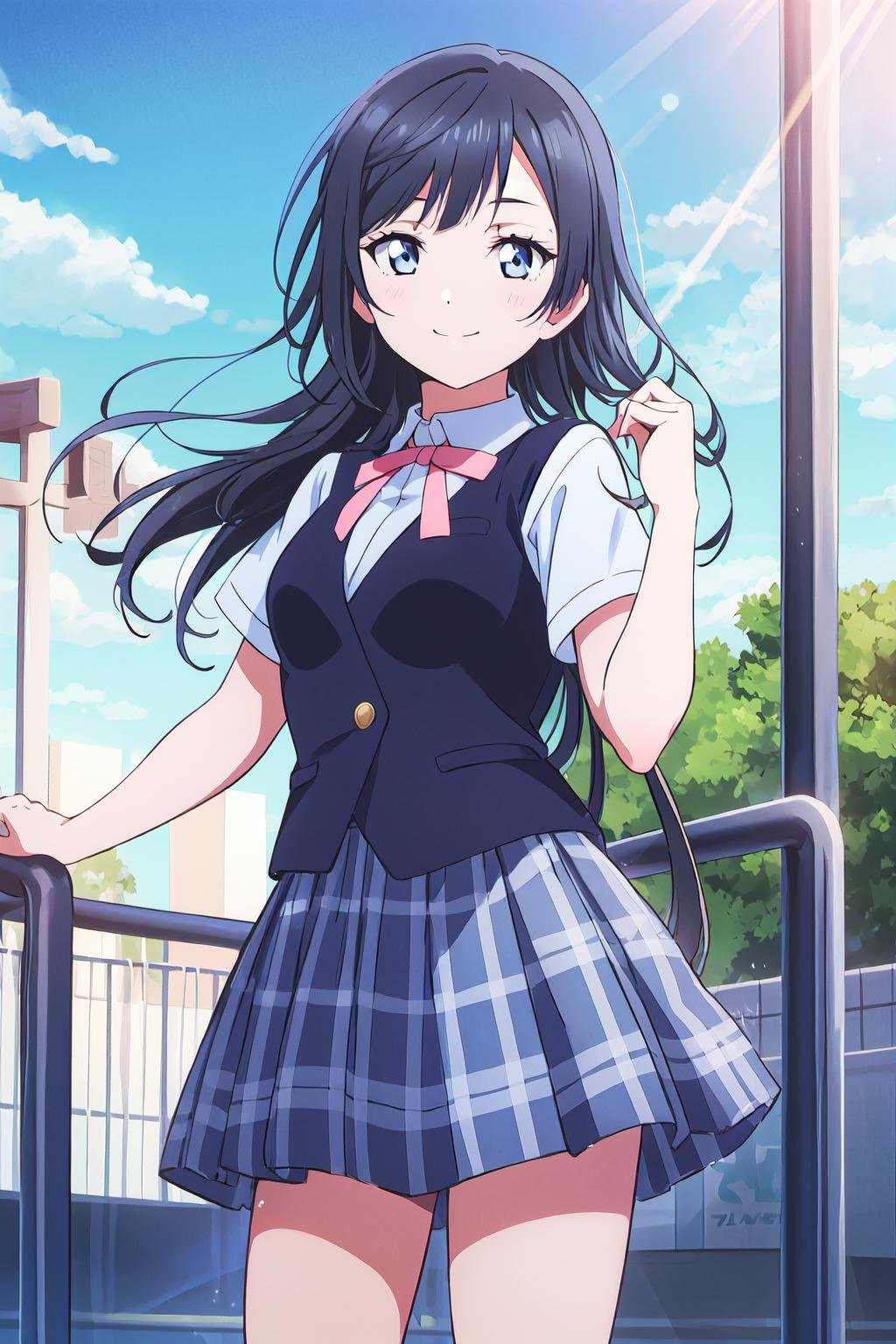 (best quality, masterpiece:1.2), 1girl, solo, anime, anime screencap,  ray tracing, global illumination, ultra resolution image, vivid color,  cinematic light,  lens flare,  light on face, glow eyes,  depth of field, happy, detailed background, cute,  straight-on, smile, looking at viewer, outdoors, sky, cloud,  <lora:A_Yuki Setsuna SSU:0.8> yuki setsuna, cowboy shot