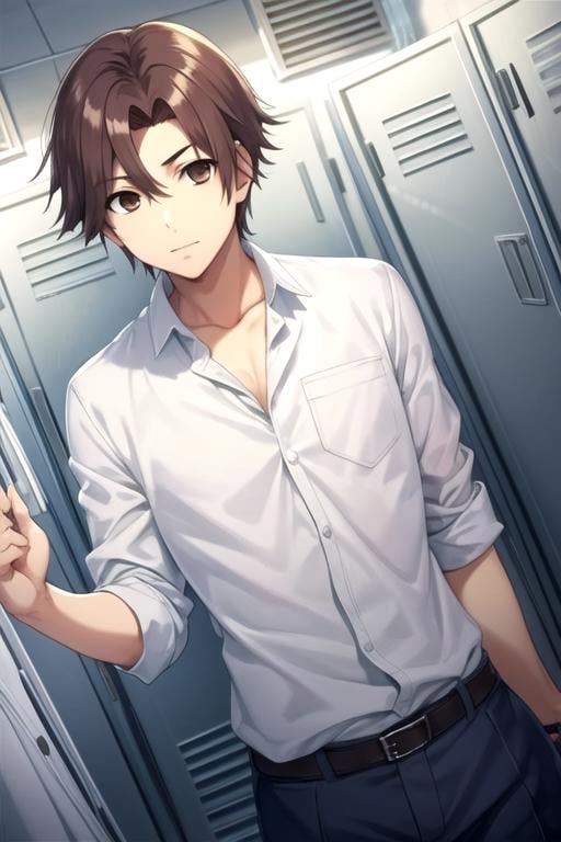 masterpiece, best quality, game cg, 1boy, solo, male focus, looking at viewer, , , , , <lora:seidou_takizawa:0.66>, seidou_takizawa, brown hair, brown eyes, zombie hunter costume, locker room,