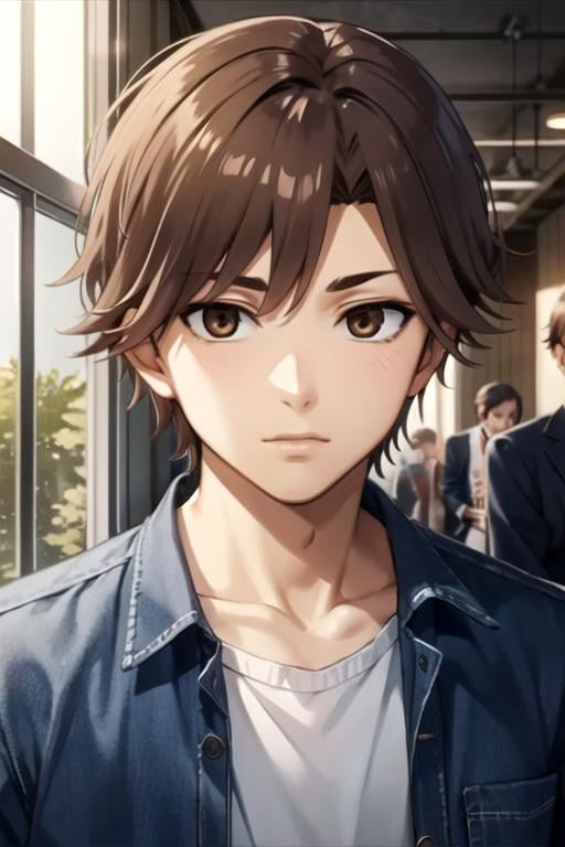 masterpiece, best quality, game cg, 1boy, solo, male focus, looking at viewer, , depth of field, ligne claire, , <lora:seidou_takizawa:0.72>, seidou_takizawa, brown hair, brown eyes, , , post-apocalyptic, Blu-ray