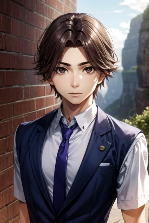 masterpiece, best quality, sketch, 1boy, solo, male focus, looking at viewer, , depth of field, , realistic, <lora:seidou_takizawa:0.68>, seidou_takizawa, brown hair, brown eyes, , canyon,