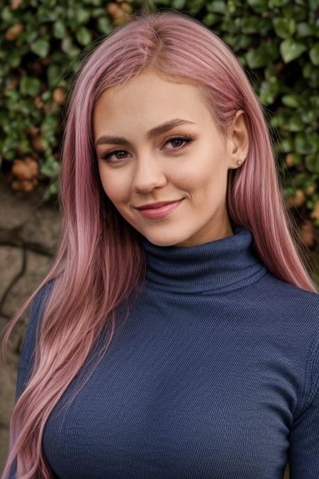 (portrait photo) of (vctj woman:1.0), interested , wearing (blue turtleneck:1.1), (busty:1.1), (pink hair) , outdoors background     <lora:VictoriaJusticeDogu_vctj:1>