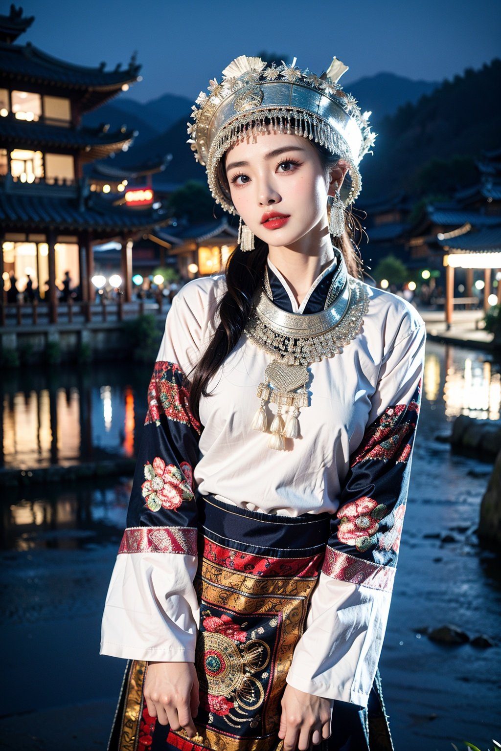 miaozu, 1girl, solo, looking at viewer, black hair, outdoors, blurry, blurry background, long sleeves, hat, chinese clothes, jewelry, lips, standing, dress, black eyes, night, red lips, closed mouth