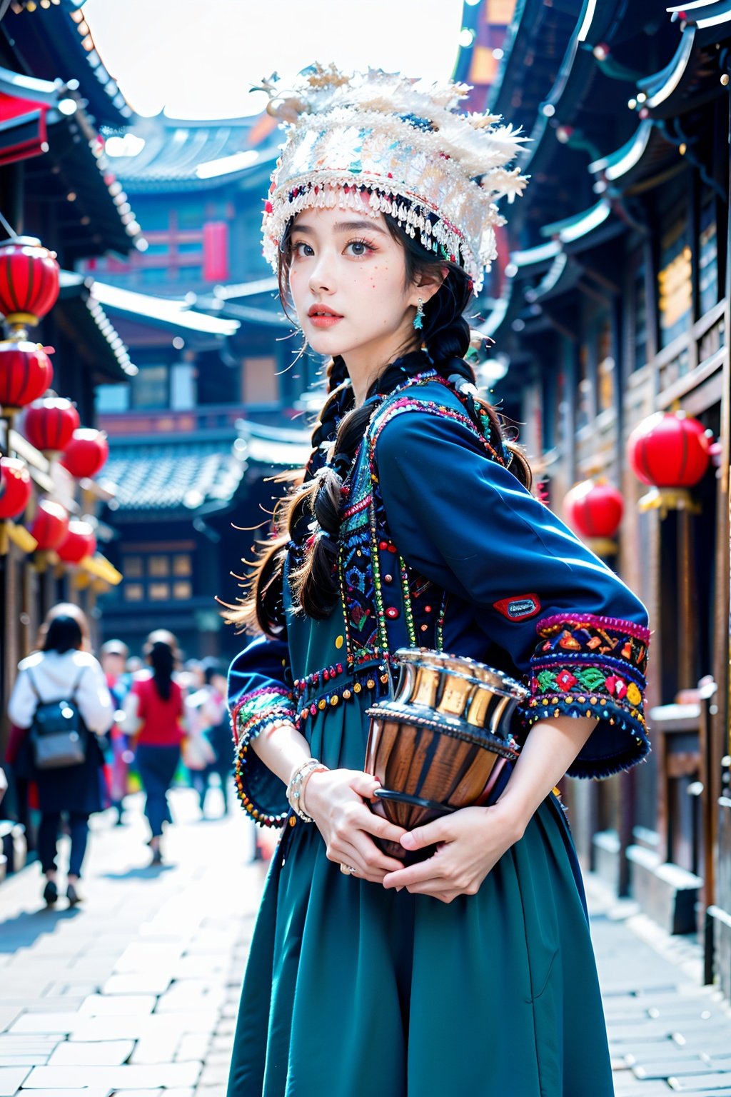 miaozu, 1girl, blurry, jewelry, blurry background, holding, bracelet, braid, cup, depth of field, looking at viewer, traditional clothes, lips, facial mark, beads, ring, earrings, outdoors, holding cup, solo, solo focus, twin braids, cowboy shot, parted lips, brown hair, long sleeves, hat, dress, long hair, standing, headdress, disposable cup, tassel, skirt, bangs, crown, red lips, from side, ribbon, blue dress