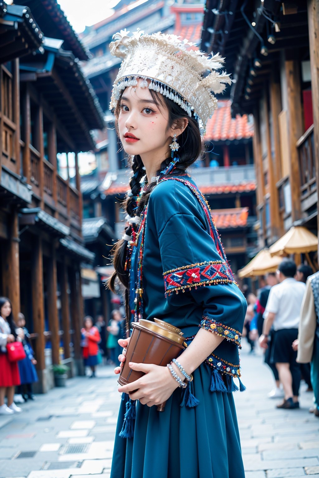  miaozu, 1girl, blurry, jewelry, blurry background, holding, bracelet, braid, cup, depth of field, looking at viewer, traditional clothes, lips, facial mark, beads, ring, earrings, outdoors, holding cup, solo, solo focus, twin braids, cowboy shot, parted lips, brown hair, long sleeves, hat, dress, long hair, standing, headdress, disposable cup, tassel, skirt, bangs, crown, red lips, from side, ribbon, blue dress