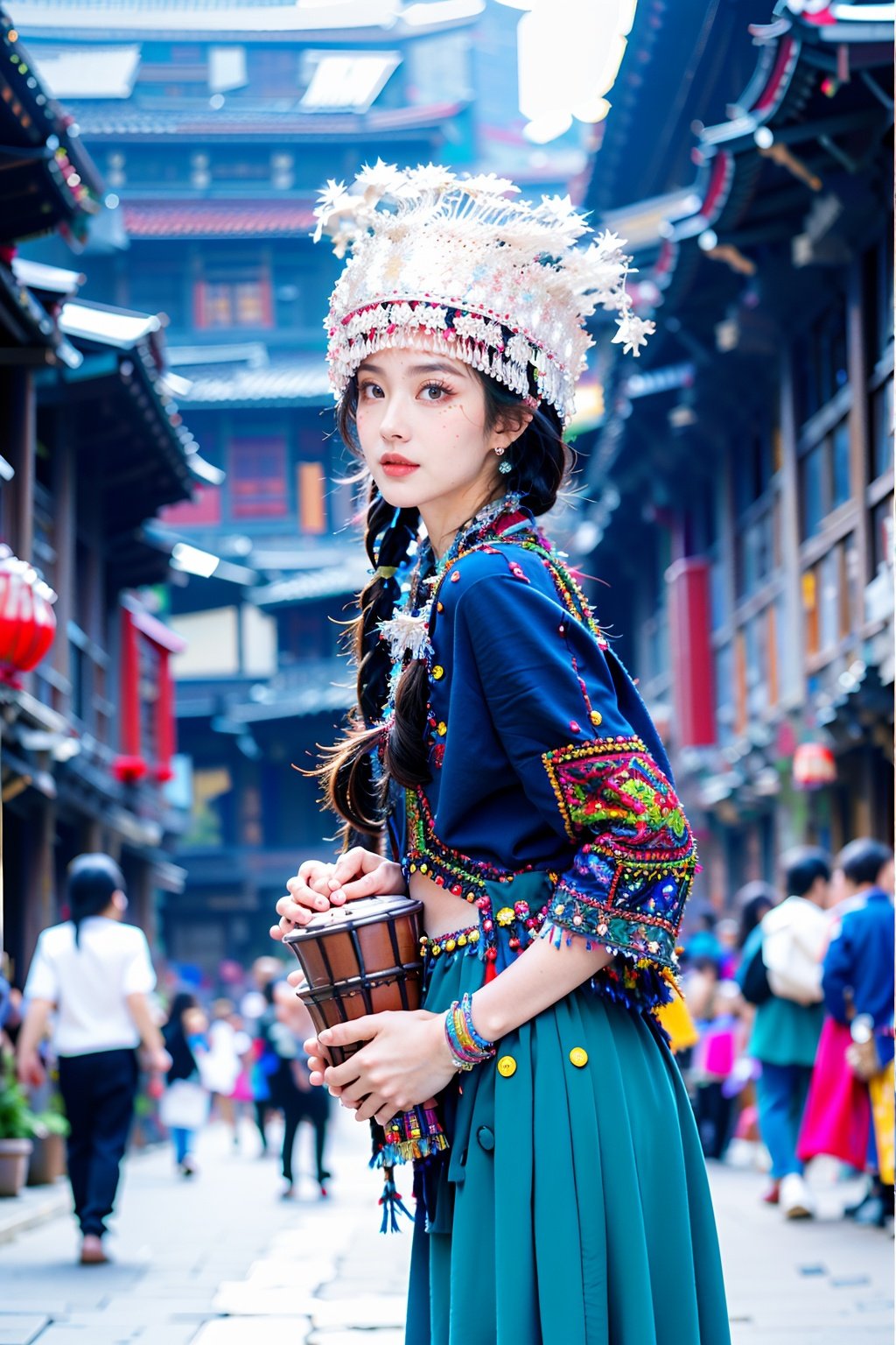 miaozu, 1girl, blurry, jewelry, blurry background, holding, bracelet, braid, cup, depth of field, looking at viewer, traditional clothes, lips, facial mark, beads, ring, earrings, outdoors, holding cup, solo, solo focus, twin braids, cowboy shot, parted lips, brown hair, long sleeves, hat, dress, long hair, standing, headdress, disposable cup, tassel, skirt, bangs, crown, red lips, from side, ribbon, blue dress