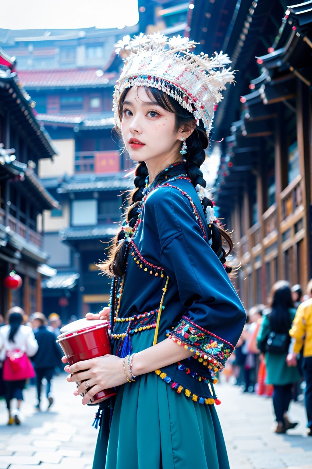  miaozu, 1girl, blurry, jewelry, blurry background, holding, bracelet, braid, cup, depth of field, looking at viewer, traditional clothes, lips, facial mark, beads, ring, earrings, outdoors, holding cup, solo, solo focus, twin braids, cowboy shot, parted lips, brown hair, long sleeves, hat, dress, long hair, standing, headdress, disposable cup, tassel, skirt, bangs, crown, red lips, from side, ribbon, blue dress