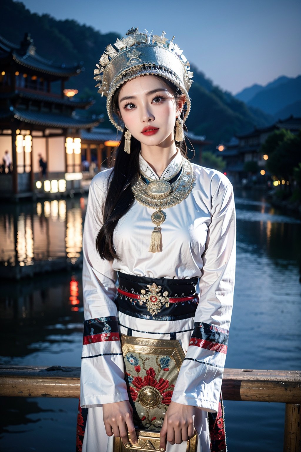 miaozu, 1girl, solo, looking at viewer, black hair, outdoors, blurry, blurry background, long sleeves, hat, chinese clothes, jewelry, lips, standing, dress, black eyes, night, red lips, closed mouth