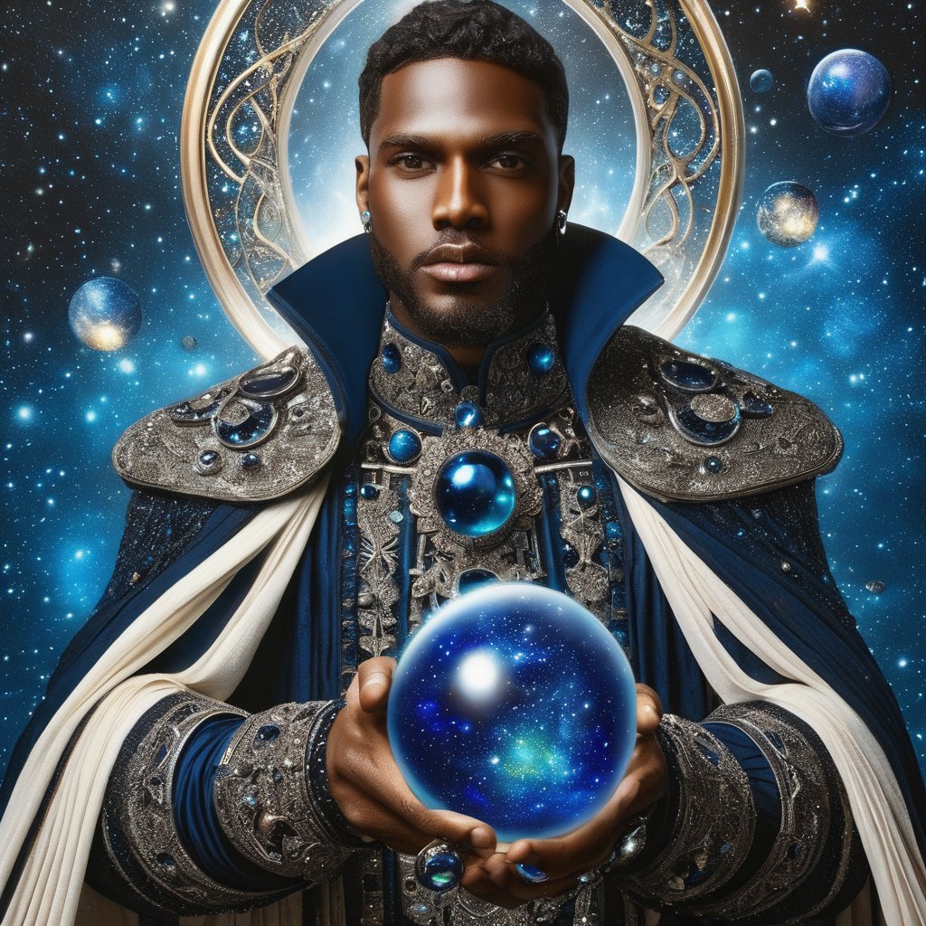 Dark blue space fantasy, digital painting, black male, by Shaddy, swirling glitter, digital painting, highly detailed, filigree, intricated, intricated pose, clarity, high quality, black top model man, half body Portrait 