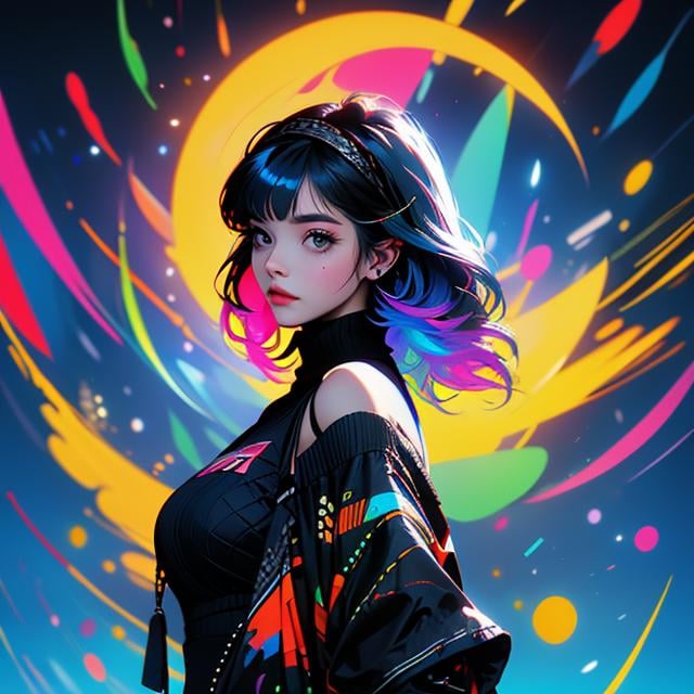 Best quality,masterpiece,ultra high res,<lora:vaporwave:0.99>,1girl,solo,blue hair,hairband,looking at viewer,jacket,breasts,off shoulder,bangs,upper body,short hair,black jacket,from side,multicolored eyes,open jacket,open clothes,medium breasts,turtleneck,multicolored background,closed mouth,long sleeves,