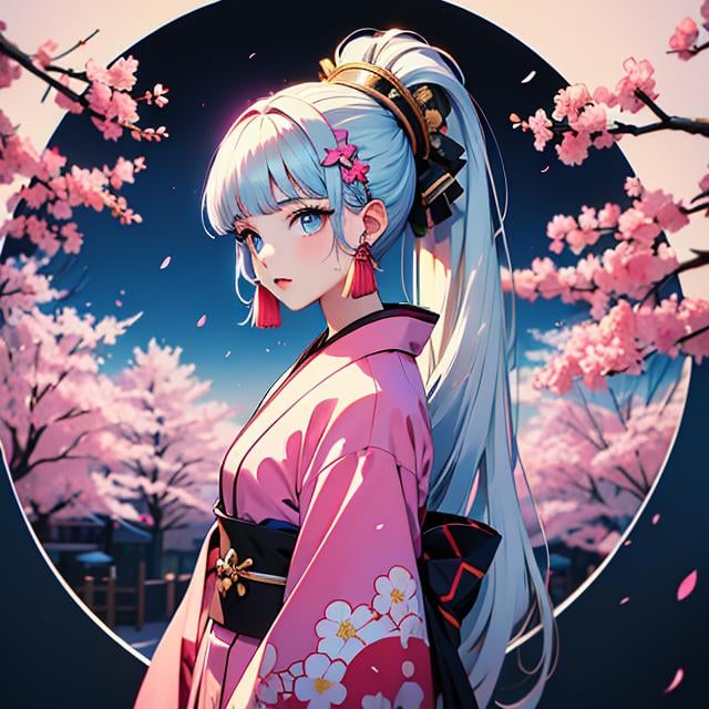 Best quality,masterpiece,ultra high res,<lora:vaporwave:0.7>,1girl, kamisato ayaka, solo, japanese clothes, kimono, ponytail, blue eyes, bangs, looking at viewer, long hair, blunt bangs, cherry blossoms, white hair, pink kimono, hair ornament, from side, petals, sash, obi, sidelocks, hair ribbon, alternate costume, closed mouth, ribbon, upper body, long sleeves, floral print, mole under eye, mole