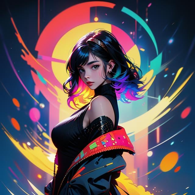 Best quality,masterpiece,ultra high res,<lora:vaporwave:0.99>,1girl,solo,blue hair,hairband,looking at viewer,jacket,breasts,off shoulder,bangs,upper body,short hair,black jacket,from side,multicolored eyes,open jacket,open clothes,medium breasts,turtleneck,multicolored background,closed mouth,long sleeves,