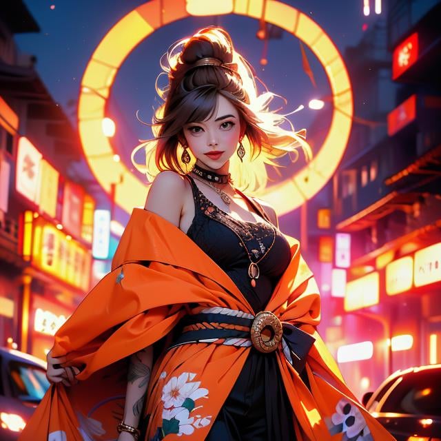 Best quality,masterpiece,ultra high res,<lora:vaporwave:0.99>,1girl, yoimiya (genshin impact), solo, fireworks, japanese clothes, blonde hair, breasts, looking at viewer, hair ornament, kimono, smile, tattoo, cleavage, ponytail, bangs, orange kimono, choker, night, bare shoulders, sash, night sky, orange eyes, obi, cowboy shot, medium breasts, blush, arm tattoo, jewelry, hairclip, flower tattoo, earrings, thighs, umbrella