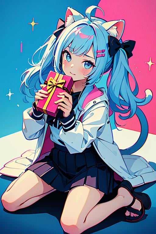 Best quality,masterpiece,ultra high res,<lora:vaporwave:0.7>,1girl, animal ears, cat ears, blue eyes, blue hair, solo, long hair, bow, hair bow, chibi, ahoge, black bow, long sleeves, holding, white skirt, cat girl, skirt, virtual youtuber, bangs, multicolored hair, cat tail, hair ornament, tail, cat, twintails, hairclip, kneeling, looking at viewer, gift, very long hair, pleated skirt, pink hair, animal ear fluff, jacket, box, blush, animal, holding animal, white cat, white jacket, streaked hair, gift box