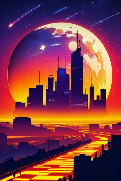 Best quality,masterpiece,ultra high res,<lora:vaporwave:0.7>,silhouette,sky,star (sky),scenery,moon,starry sky,shooting star,no humans,outdoors,building,night,city,cityscape,sunset,