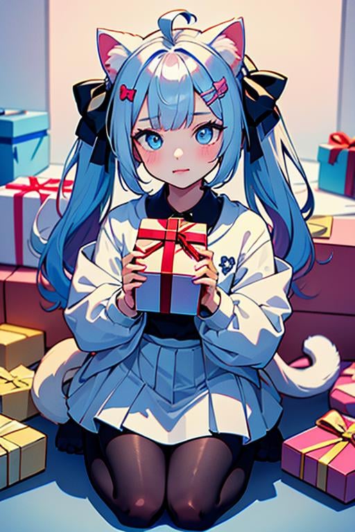 Best quality,masterpiece,ultra high res,<lora:vaporwave:0.7>,1girl, animal ears, cat ears, blue eyes, blue hair, solo, long hair, bow, hair bow, chibi, ahoge, black bow, long sleeves, holding, white skirt, cat girl, skirt, virtual youtuber, bangs, multicolored hair, cat tail, hair ornament, tail, cat, twintails, hairclip, kneeling, looking at viewer, gift, very long hair, pleated skirt, pink hair, animal ear fluff, jacket, box, blush, animal, holding animal, white cat, white jacket, streaked hair, gift box